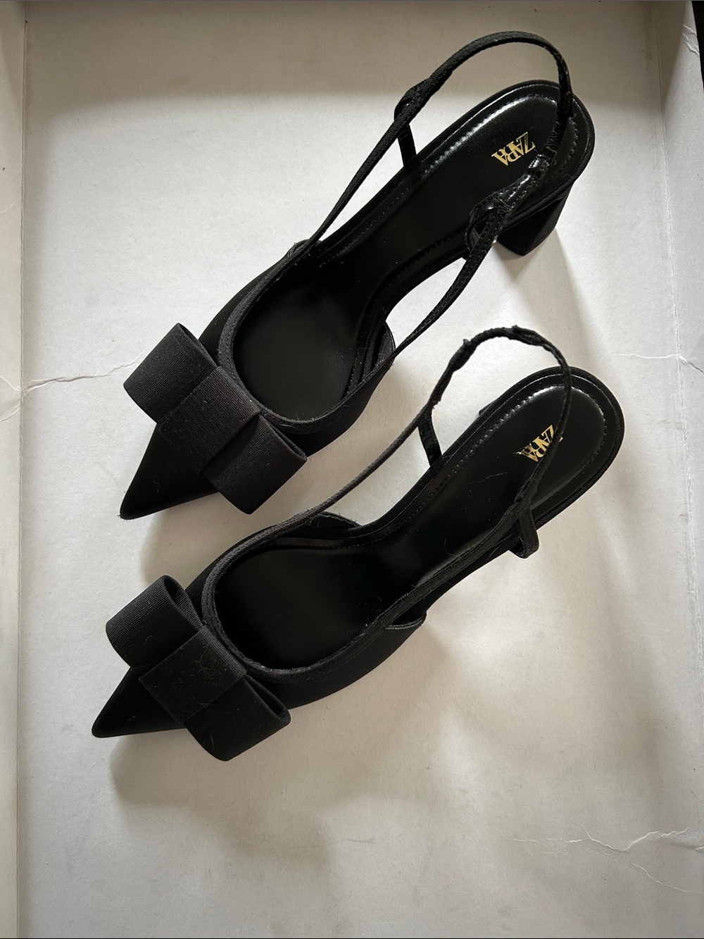 Zara Black Pointed Bow Slingback Heels
